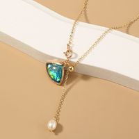Natural Freshwater Pearl Triangle Green Glass Long  Gold  Necklace main image 5