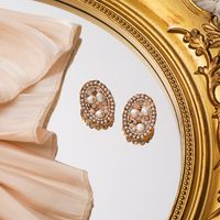 Retro Baroque Oval Pearl Crystal Earrings sku image 1