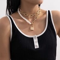 Fashion Alloy Pearl Retro Lock Pendant Necklace main image 6