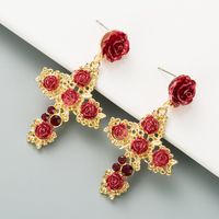 S925 Silver Needle Retro Cross Alloy Inlaid Rhinestone Rose Earrings main image 4