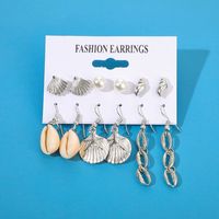 Retro Ocean Beach Style Silver Shell Conch Pearl Scallop Earring Set main image 4