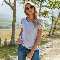Short Sleeve T-shirts Patchwork Lace Casual Solid Color main image 2