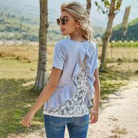 New Solid Color Hedging Loose Round Neck Back Lace Short Sleeve T-shirt main image 1