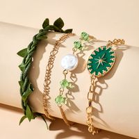 Green Leaf  Drop Oil Octagonal Star Crystal Pearl Adjustable Bracelet Set main image 6