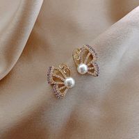 Korea's New S925 Silver Needle Full Diamond Pearl Half Butterfly Earrings main image 2