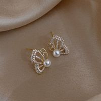 Korea's New S925 Silver Needle Full Diamond Pearl Half Butterfly Earrings main image 3