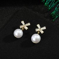 925 Silver Needle Bow Pearl Earrings main image 4