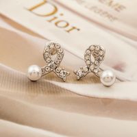Fashion Bow Earrings Silver Plated Inlaid Pearl Crystal Earrings Simple Love Earrings Wholesale main image 4