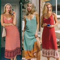 New Bohemian Printed Hem Stitching Split Straight Suspender Dress main image 2