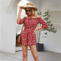 New Bohemian Neckline Lace-up Collar Cropped Sleeve Floral One-piece Shorts sku image 2