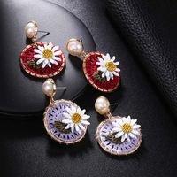 New Daisy Flower Round Earrings Female Fashion Cotton Braided Sweet Pearl Earrings main image 5