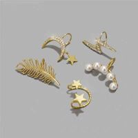 Korean Fashion Exquisite Pierced Ear Bone Clip Pearl Earrings Pentagram Star Moon Leaf Ear Clip main image 6