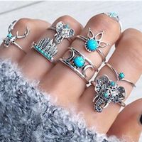 New Jewelry Animal Deer Head Elephant Ring 7 Piece Feather Moon Turquoise Ring Set main image 1