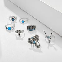 New Jewelry Animal Deer Head Elephant Ring 7 Piece Feather Moon Turquoise Ring Set main image 4