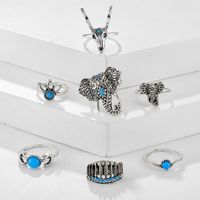 New Jewelry Animal Deer Head Elephant Ring 7 Piece Feather Moon Turquoise Ring Set main image 5