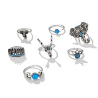 New Jewelry Animal Deer Head Elephant Ring 7 Piece Feather Moon Turquoise Ring Set main image 6