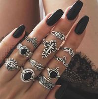 Fashion Vintage Carved Sun Feather Cross Black Gem Ring 11 Piece Set Set main image 1