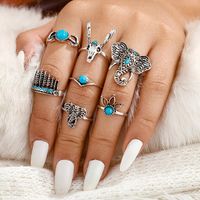 New Jewelry Animal Deer Head Elephant Ring 7 Piece Feather Moon Turquoise Ring Set sku image 1