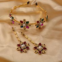 Baroque Vintage Color Crystal Pearl Rhinestone Flower Headband Earrings main image 3