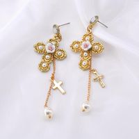 Exaggerated Golden Cross Earrings Vintage Long Baroque Earrings main image 4