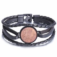 Woven Round Wood Chip Faux Leather Bracelet New Simple Black Men's Bracelet sku image 1