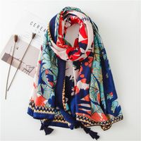 Crème Solaire Châle Femmes D'été De Style Ethnique Coton Et Lin Écharpe Imprimé Gland Léger Foulard De Gaze Voyage Serviette De Plage Parasol Écharpe main image 2