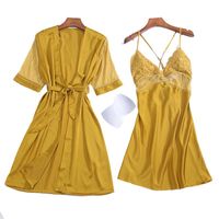 Silk Ladies Home Service Sexy Chest Skirt With Chest Pads Seven-quarter Sleeves Hollow Pajamas Two-piece Wholesale main image 3