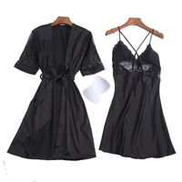 Silk Ladies Home Service Sexy Chest Skirt With Chest Pads Seven-quarter Sleeves Hollow Pajamas Two-piece Wholesale main image 5