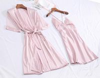 Silk Ladies Home Service Sexy Chest Skirt With Chest Pads Seven-quarter Sleeves Hollow Pajamas Two-piece Wholesale sku image 17