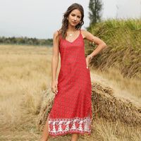 2021 Européenne Et American Summer New Bohemian Imprimé Long Slim Fit Fente Sangle Robe Croix-frontière Femmes sku image 7