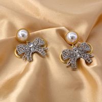 New Baroque Flash Diamond Elegant Pearl Bow 925 Silver Pin Earrings Wholesale main image 4