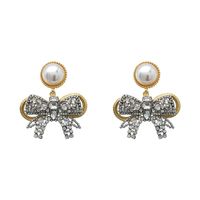 New Baroque Flash Diamond Elegant Pearl Bow 925 Silver Pin Earrings Wholesale main image 6