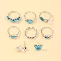Vintage Fashion Geometric Blue Turquoise Ring Butterfly Pearl Ring 8 Piezas Set main image 1