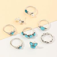 Vintage Fashion Geometric Blue Turquoise Ring Butterfly Pearl Ring 8 Piezas Set main image 3