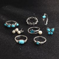Vintage Fashion Geometric Blue Turquoise Ring Butterfly Pearl Ring 8 Piezas Set main image 4