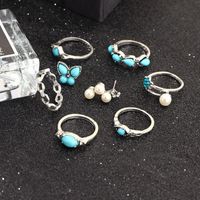 Vintage Fashion Geometric Blue Turquoise Ring Butterfly Pearl Ring 8 Piezas Set main image 5