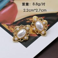 White Engraved Pattern Hollow Pearl Ear Clips 925 Silver Pin Earrings Oval Ear Clips main image 3