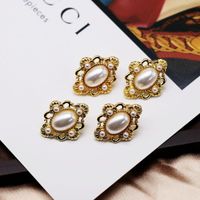 White Engraved Pattern Hollow Pearl Ear Clips 925 Silver Pin Earrings Oval Ear Clips main image 5