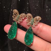 Golden Butterfly Earrings Hollow Super Fairy Emerald Tourmaline Earrings S925 Silver Needle Luxury Exaggeration Large Earrings main image 3