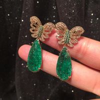 Golden Butterfly Earrings Hollow Super Fairy Emerald Tourmaline Earrings S925 Silver Needle Luxury Exaggeration Large Earrings main image 4