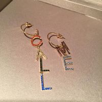 Color English Alphabet Earrings Asymmetric Micro-inlaid Zircon Long Tassel Gradient S925 Silver Pin Circle Earrings main image 6