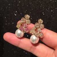 Colorful Flower Earrings S925 Silver Needle Luxury Leaf Pearl Earrings main image 5