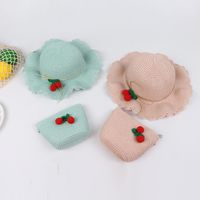 Cherry Lace Wave Straw Hat Bag Set Children&#39;s Sun Hat Summer New Outdoor Sun Hat main image 4