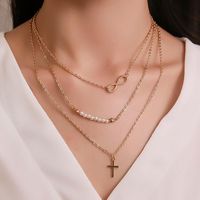 New Fashion Long Necklace 8 Word Pearl Multi-layer Necklace Cross Pendant Necklace Female Clavicle Chain Wholesale main image 1