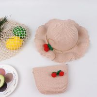 Cherry Lace Wave Straw Hat Bag Set Children&#39;s Sun Hat Summer New Outdoor Sun Hat sku image 1