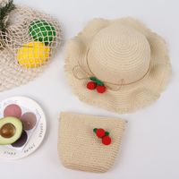 Cherry Lace Wave Straw Hat Bag Set Children&#39;s Sun Hat Summer New Outdoor Sun Hat sku image 3