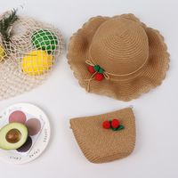 Cherry Lace Wave Straw Hat Bag Set Children&#39;s Sun Hat Summer New Outdoor Sun Hat sku image 4