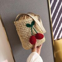 New Korean Straw Bucket Bag Cherry Woven Messenger Bag Shoulder Bag Beach Bag Vacation Beach Bag main image 3