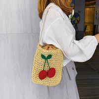 New Korean Straw Bucket Bag Cherry Woven Messenger Bag Shoulder Bag Beach Bag Vacation Beach Bag sku image 1