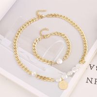 New Fashion Simple Chain Retro Pearl Coin Necklace Bracelet Set Wholesale main image 1